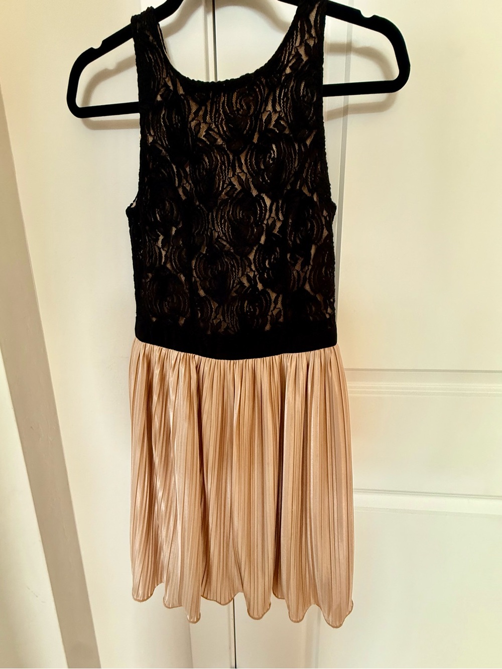 Rewind Black Lace Top with Champagne Pleated Skirt Dress